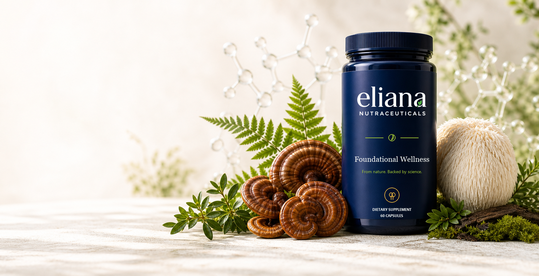 Eliana product bottle with mushrooms, botanicals, and subtle science motifs