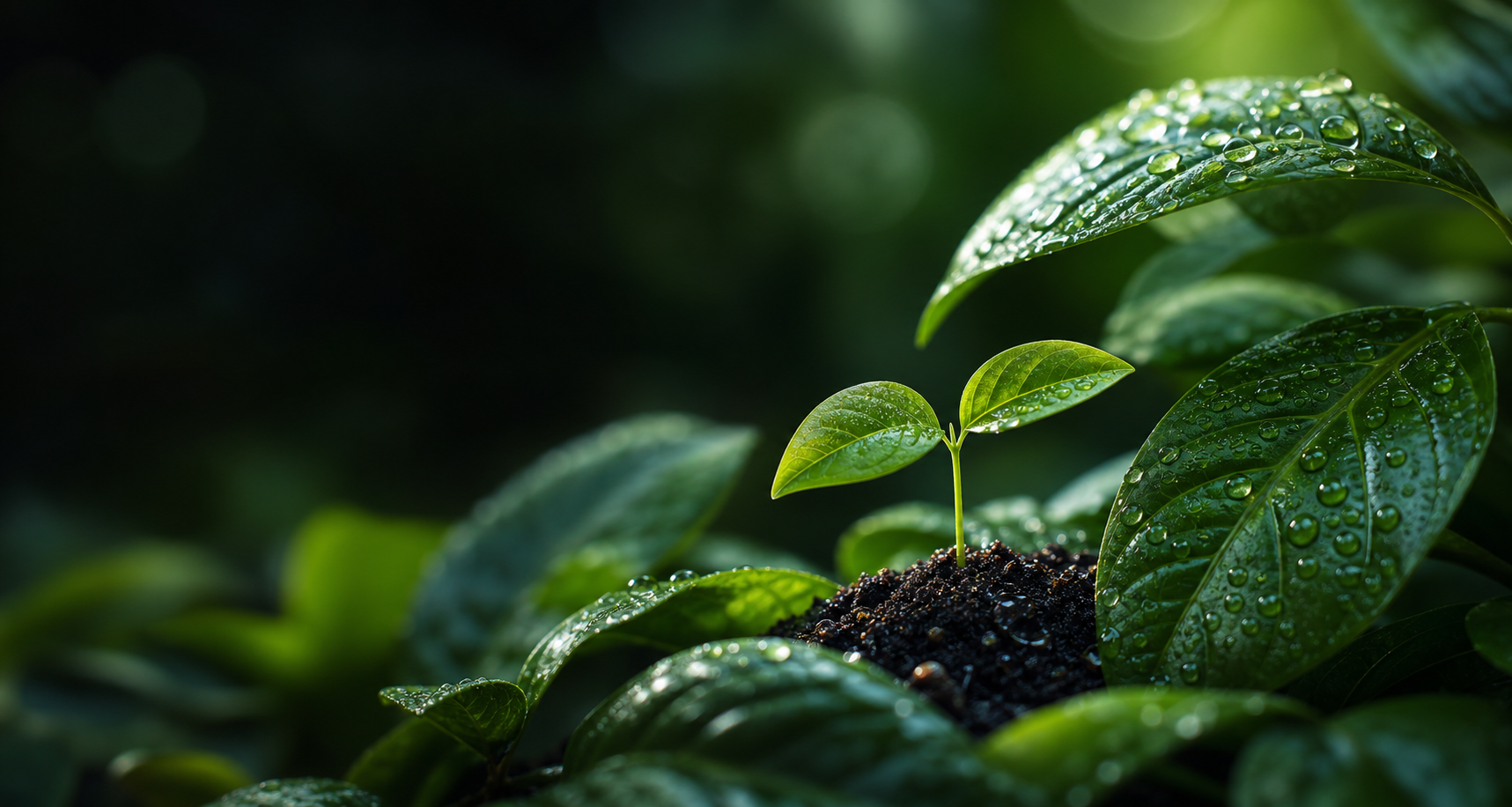 Green sprout and dew-covered leaves