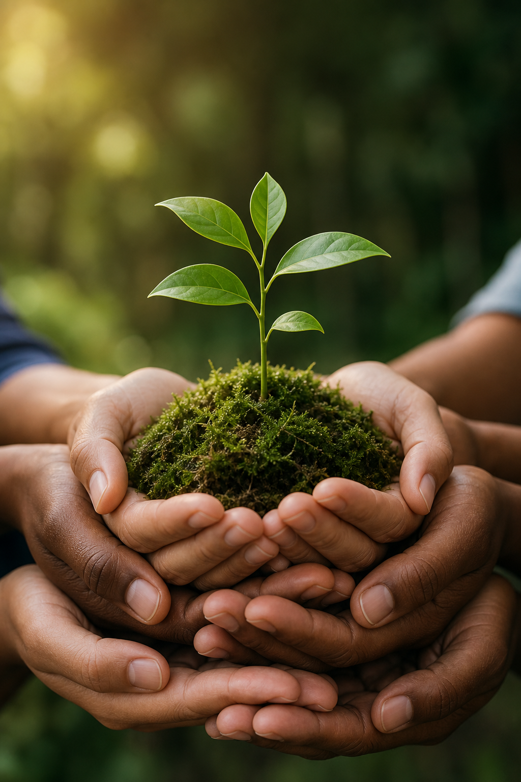 Hands holding a green seedling growing from moss